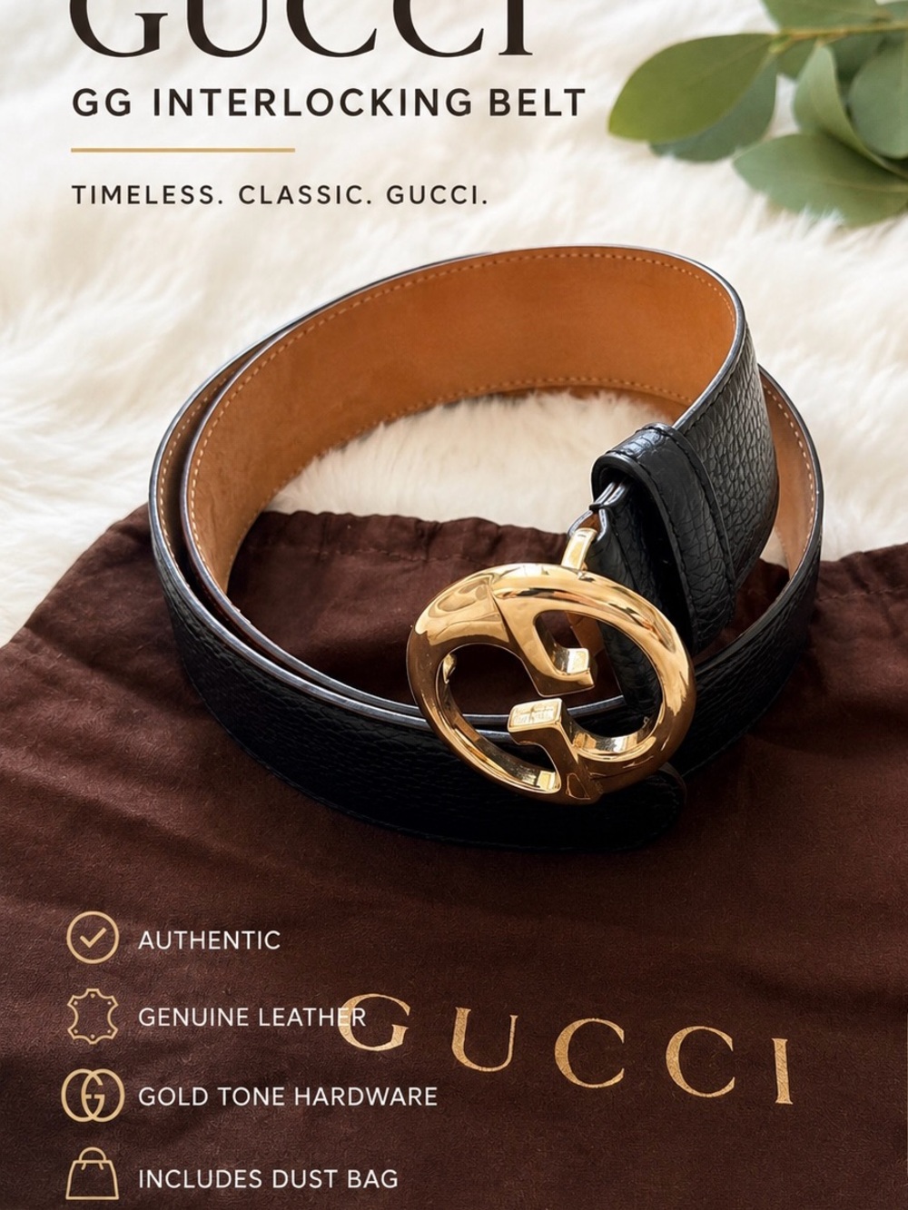 Gucci Black Leather Belt with Gold Interlocking GG Buckle